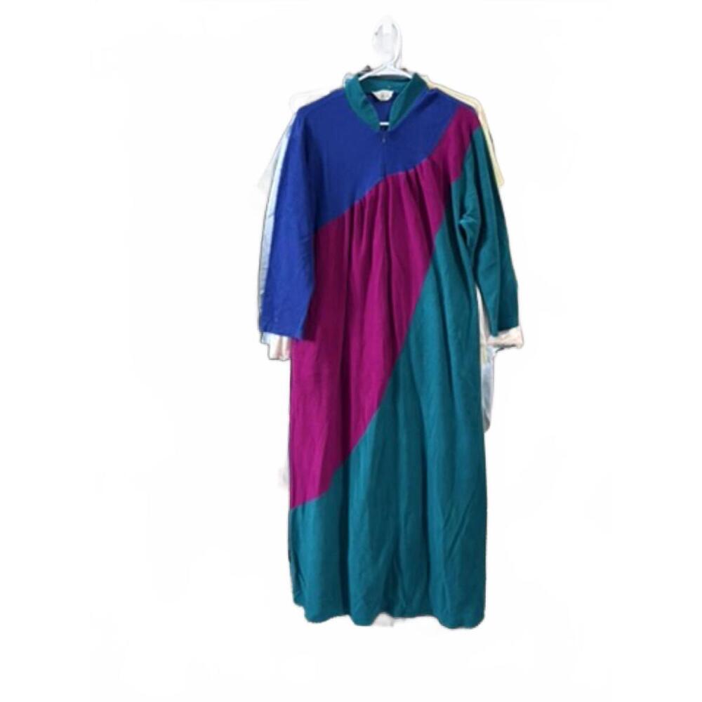 Vintage 90s Vanity Fair Petites Colorblock Zip Front Housecoat Duster – Size M
